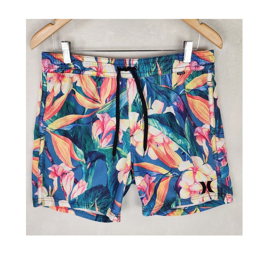 Hurley Board Shorts Men L Tropical Print Blue Pink Swim Trunks Pockets D7265-00